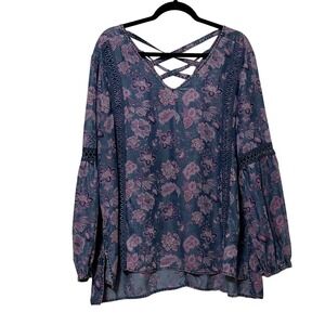 Standard Grace - XL - Floral Lyocell Tunic Blouse‎ Blue Purple Strappy Back